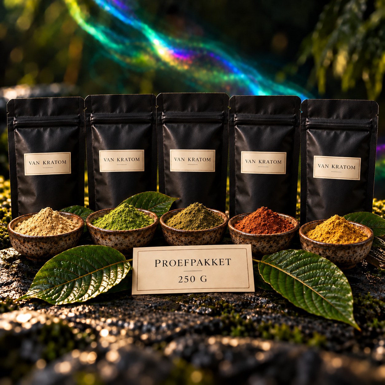 Kratom proefpakket 250 g met vijf soorten poeder